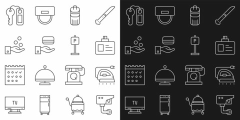 Set line Security camera, Electric iron, Identification badge, Trash can, Digital door lock, Paying tips, Hotel key and Parking icon. Vector