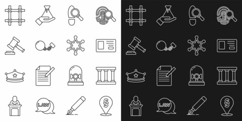 Set line Location law, Prison window, Identification badge, Footsteps, Ball chain, Judge gavel, and Hexagram sheriff icon. Vector