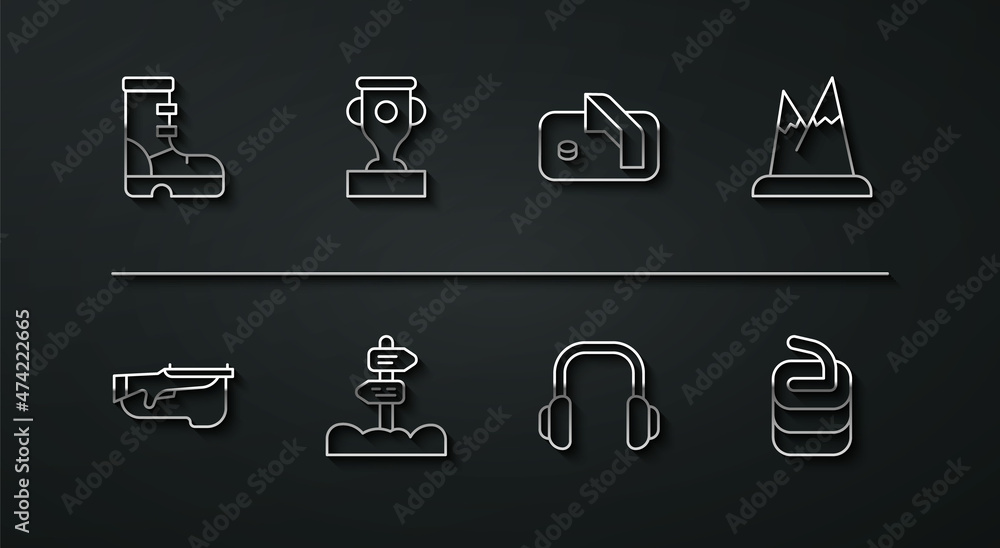 Sticker Set line Waterproof rubber boot, Biathlon rifle, Mountains, Winter headphones, Road traffic signpost, Award cup, Stone for curling and Ice hockey goal icon. Vector