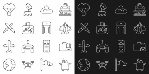 Set line Trolley for food, Suitcase, Jet fighter, Cloud weather, Marshalling wands, Box flying on parachute and Metal detector airport icon. Vector