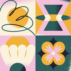 Geometric Pattern. Floral and colorful abstract minimalist illustration. Vector puzzle. Set of 4 graphic shapes.