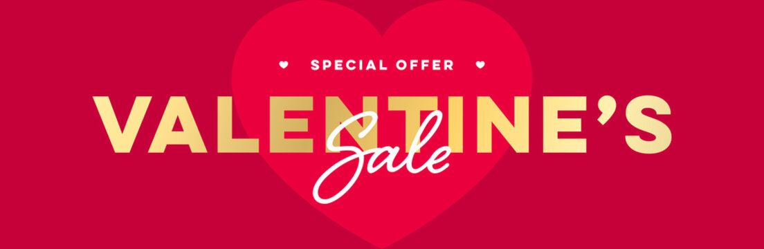 Valentine's Day Sale Banner. Vector Web Banner Design Template for Valentines Day Sale Promotion. Banner Advert with Gold Typography on Red Heart Background
