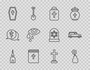 Set line Church building, Flower vase, Funeral urn, Holy bible book, Coffin with cross, Tear cry eye, Grave and Hearse car icon. Vector