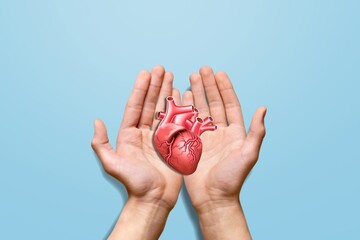 Human hands holding healthy heart shape on light background.