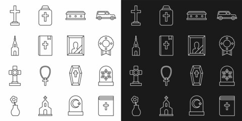 Set line Holy bible book, Grave with star of david, Memorial wreath, Coffin cross, Church building, and Mourning photo frame icon. Vector