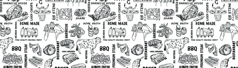 Vintage Butcher shop hand - drawn. Retro Menu Restaurant poster. Vector. Fresh meat products. Design element for poster, menu, flyer, banner, package.