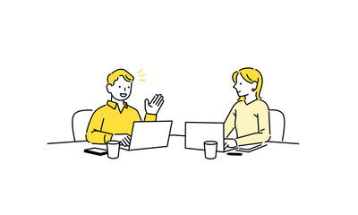 会議、打ち合わせで会話する男女のイラスト
