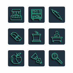 Set line Apple, Fountain pen nib, Unknown search, Pen, Stage stand, Eraser or rubber, School building and Schoolboy sitting at desk icon. Vector