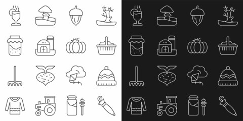 Set line Umbrella, Winter hat, Basket, Acorn, Farm house, Jam jar, Mulled wine and Pumpkin icon. Vector