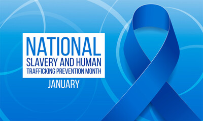 National slavery and human trafficking prevention month concept. Banner with blue ribbon awareness and text. Vector illustration.