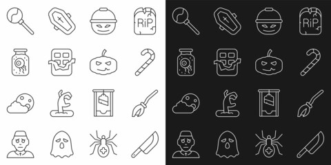Set line Knife, Witches broom, Christmas candy cane, Pumpkin basket for sweets, Chocolate bar, Eye jar, Lollipop and icon. Vector