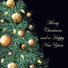 Vector greeting card template Merry Christmas and Happy New Year. A fir tree with golden toys and a yellow garland on a dark background