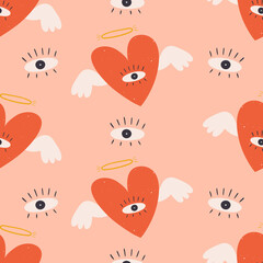 Seamless pattern with hand drawn psychedelic angel heart with one eye. Doodle vector background for design, textile, wrapping paper, print. Valentine day concept
