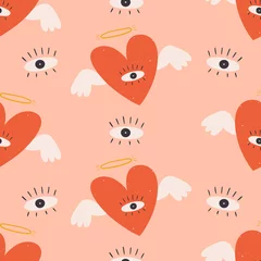 Foto auf Acrylglas Seamless pattern with hand drawn psychedelic angel heart with one eye. Doodle vector background for design, textile, wrapping paper, print. Valentine day concept © Olga