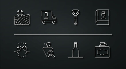 Set line Vineyard wine grapes, Wine tasting, degustation, Book about, Bottle of, Grapes, truck, Cardboard box and opener icon. Vector