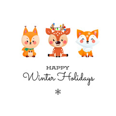 Happy Winter Holidays. Cute illustration of a little deer, a squirrel and a fox isolated on a white background. Vector 10 EPS.