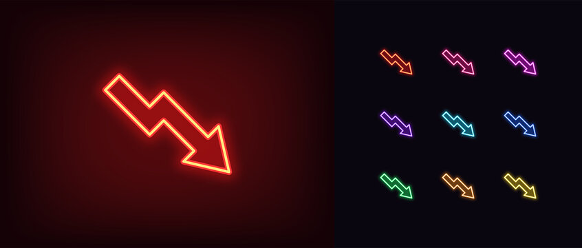 Outline neon decrease arrow icon. Glowing neon decline chart sign, downward arrow pictogram in vivid colors