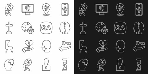 Set line Old hourglass, Solution to the problem, Bipolar disorder, Psychology, Psi, Graves funeral sorrow, Head with heart and Question and Answer icon. Vector