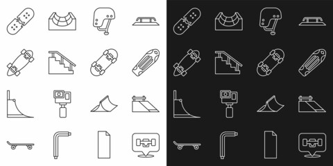 Set line Skateboard wheel, park, deck, helmet, stairs with rail, Longboard or skateboard, Broken and icon. Vector