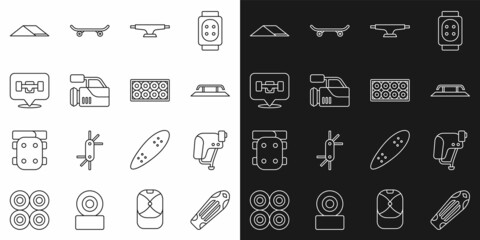 Set line Skateboard deck, helmet, stairs with rail, wheel, Cinema camera, park and icon. Vector