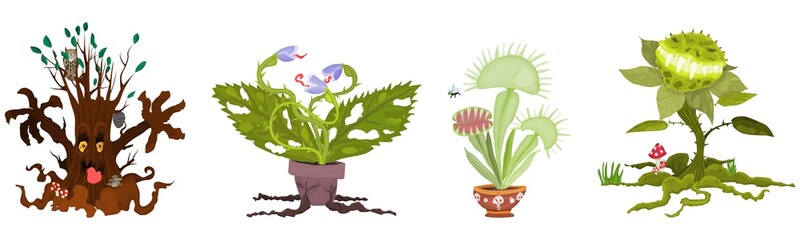 set of predatory plants for halloween new flytrap - obrazy, fototapety, plakaty