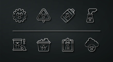 Set line Radioactive, waste in barrel, Nuclear power plant, Radiation warning document, Infectious, Triangle with radiation, Acid rain and radioactive cloud and energy battery icon. Vector