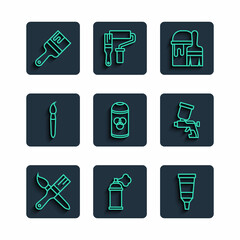 Set line Paint brush, spray can, Tube with paint palette, bucket, and gun icon. Vector