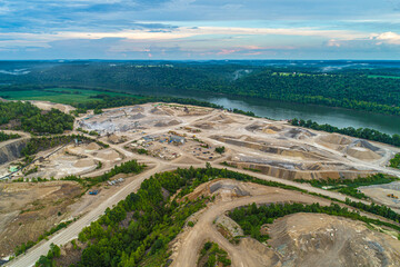 Fototapeta na wymiar Massive Aggregate Quarry Aerial Ohio River Valley - Mining Equipment - Landscape