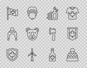 Set line Canada flag on shield, Beanie hat, Syrup with pancakes, Wind turbine, Flag of, Bear head, Bottle maple syrup and Pennant icon. Vector