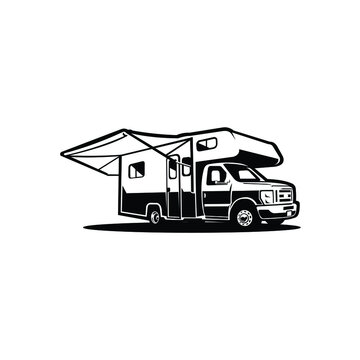 recommend clip art: Camper van motor home RV caravan silhouette black and white vector isolated
