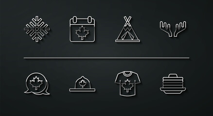 Set line Snowflake, Canadian maple leaf, Deer antlers, Hockey jersey, ranger hat, Canada day with, Stack of pancakes and Indian teepee or wigwam icon. Vector © Kostiantyn