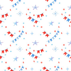 Seamless christmas pattern with snowflakes, garland, flags, stars and confetti. Watercolor background for textile, wrapping paper