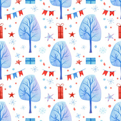 Seamless pattern with hoarfrost tree, snowflakes, presents, garland, stars. Watercolor background for fabric, souvenirs, christmas wrapping