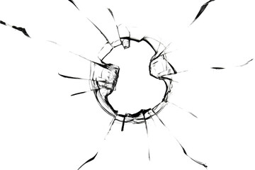 Hole with cracks in the window. The texture of broken glass.