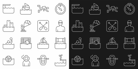 Set line Swimmer diving into pool, Water volleyball net, Scuba diver, Kitesurfing, Winner podium, Diving board or springboard and Paddle icon. Vector