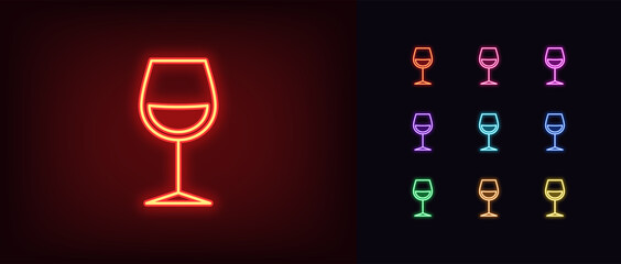 Outline neon wine glass icon. Glowing neon wineglass sign, alcohol drink pictogram in vivid colors