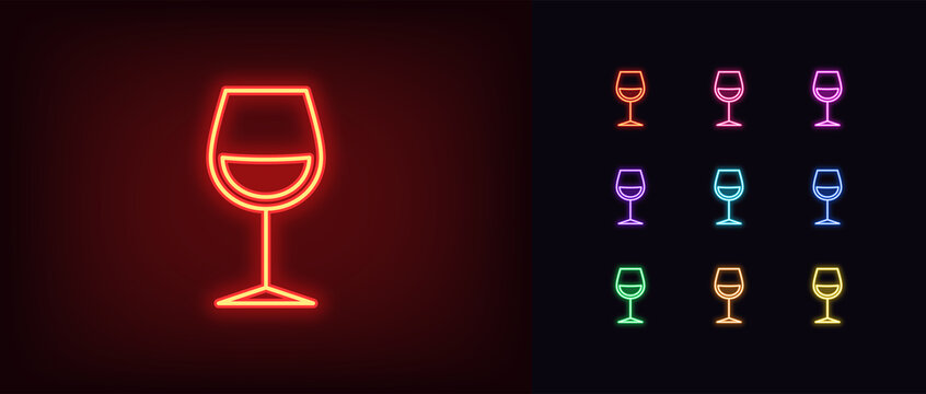 Outline neon wine glass icon. Glowing neon wineglass sign, alcohol drink pictogram in vivid colors