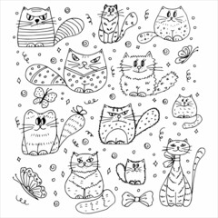 Hand drawn set of funny cats  in the style of doodles, black and white