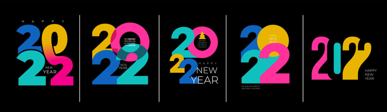 2022 New Year. Big set of creative concept design template with colorful logo 2022 for celebration and season decoration. Colored vector trendy background for branding, calendar, card, banner, cover.