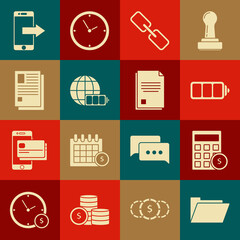 Set Document folder, Calculator with dollar symbol, Battery charge level indicator, Chain link, earth globe, File document, Smartphone, mobile phone and icon. Vector