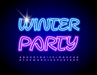 Obraz premium Vector Neon Banner Winter Party. Bright Glowing Font. Artistic Alphabet Letters and Numbers