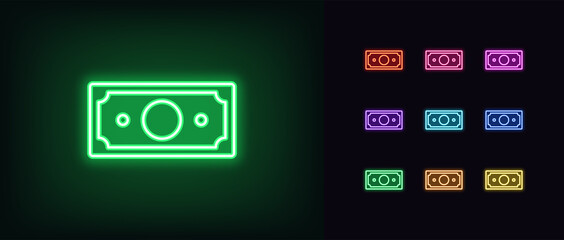 Outline neon banknote icon. Glowing neon cash sign, fiat money pictogram in vivid colors - obrazy, fototapety, plakaty