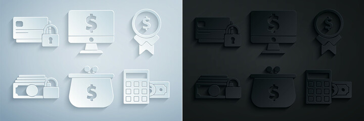 Set Wallet with with dollar symbol, Reward for good work, Money lock, Calculator, Computer monitor and Credit card icon. Vector