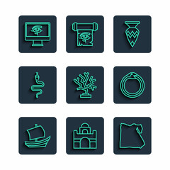 Set line Egyptian ship, house, Map of, vase, Coral, Snake, Eye Horus on monitor and Magic symbol Ouroboros icon. Vector