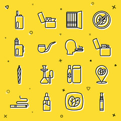 Set line Electronic cigarette, Tobacco leaf, Lighter, Cigarette case, No pipe smoking, Vape mod device, and Man icon. Vector