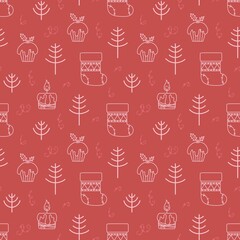 Seamless vector pattern with cute hand drawn winter holidays symbols. Folk art theme doodle elements. Scandinavian lineart background wrapping paper, card, gift, fabric, textile, wallpaper, packaging.