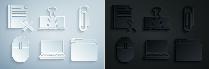 Set Laptop, Paper clip, Computer mouse, Document folder, Binder and Delete file document icon. Vector