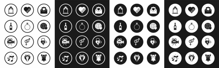 Set Envelope with Valentine heart, Diamond engagement ring, Champagne bottle, Wedding arch, The world love, Candy shaped box and bow, Castle the of key and Cinema camera icon. Vector