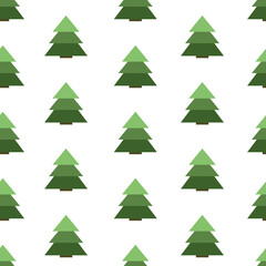 Obraz premium Christmas tree seamless pattern. Green cartoon fir on a white background. Vector cartoon pattern.