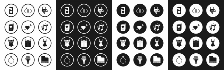 Set Castle in the shape of a heart and key, Valentines day party flyer, Please do not disturb, Music note, tone hearts, Wedding rings, Woman dress and Ringing bell icon. Vector